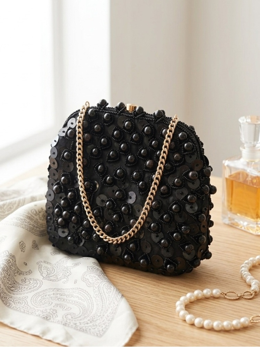 Vintage Hand Beaded & Sequined Black Evening Bag - Hand Made in Hong Kong